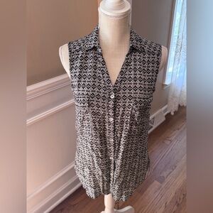 Kate and Sam Women Black&white Button Up Sleeveless Collar Geometric 100% rayon